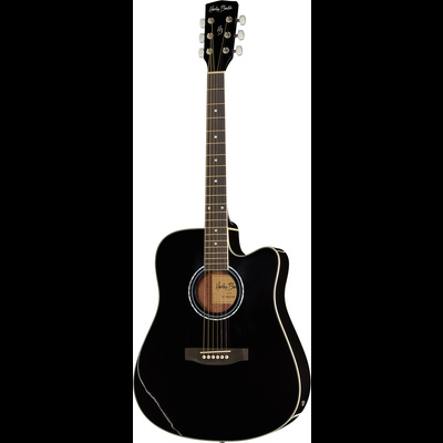 Guitarra acústica preta com cutaway e marca HOLLYFIELD