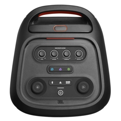 Coluna portátil JBL preta com botões de controlo e pega integrada