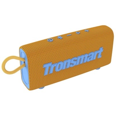 Coluna portátil Tronsmart laranja e azul com textura de tecido