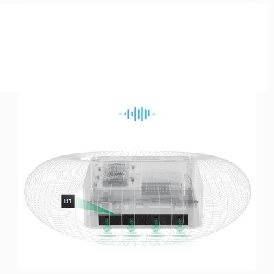 Dispositivo eletrônico transparente com cinco portas e luzes verdes
