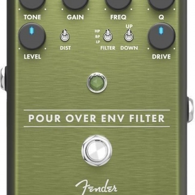 Pedal verde oliva Fender para guitarra com botões e interruptores de ajuste
