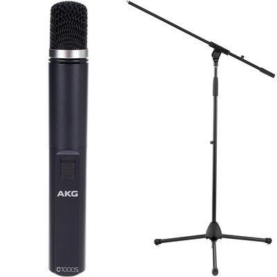 Microfone preto AKG C1000S com botão ON OFF e suporte de microfone preto com tripé e haste ajustável