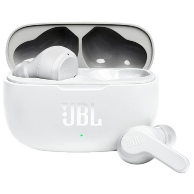 Auriculares sem fios brancos JBL com estojo de carregamento branco aberto