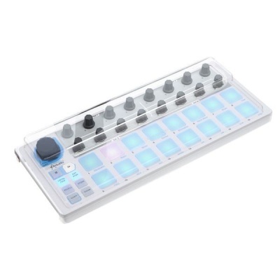 Controlador MIDI branco com pads azuis e botões cinza