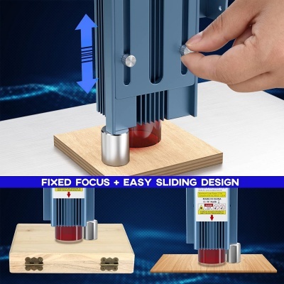 Ferramenta de metal azul com base de madeira clara e cilindro vermelho, mostra mecanismo de ajuste de foco com texto em inglês.