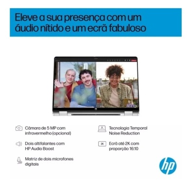 Portátil HP com videoconferência e texto promocional em português