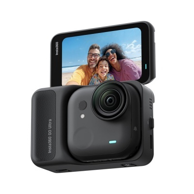 Câmara Insta360 GO Ultra preta com ecrã a cores