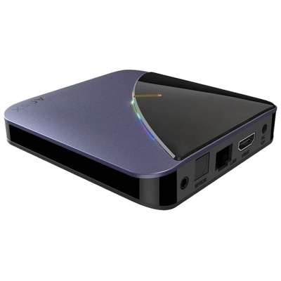 Dispositivo eletrónico compacto azul e preto com várias portas