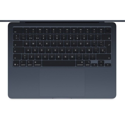 Portátil preto aberto visto de cima com teclado QWERTY e trackpad