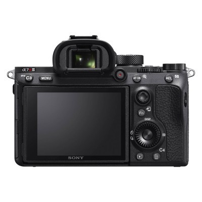 Traseira da câmara Sony α7R III preta com visor e ecrã LCD