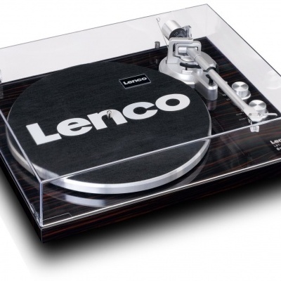 Toca-discos Lenco com cobertura transparente e plataforma preta