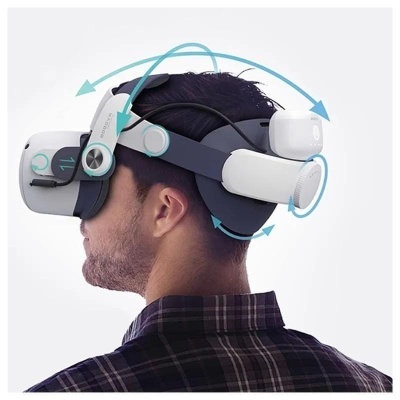 Pessoa a usar um headset de realidade virtual branco e azul