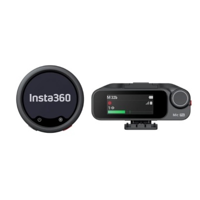 Dispositivos eletrónicos Insta360, um circular e outro retangular com ecrãs digitais