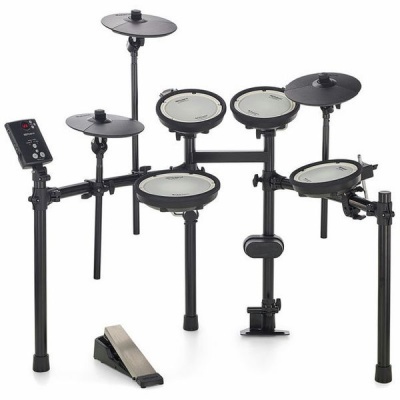 Bateria eletrónica preta com pads brancos e pedal metálico
