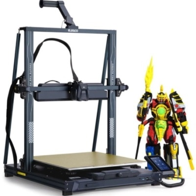 Impressora 3D Elegoo cinza com mesa dourada e figura robótica colorida ao lado