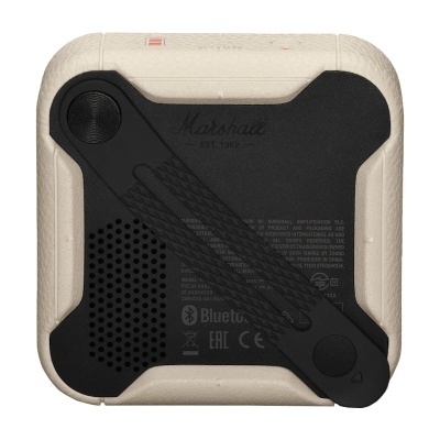 Caixa de som portátil Marshall preta e bege vista por cima