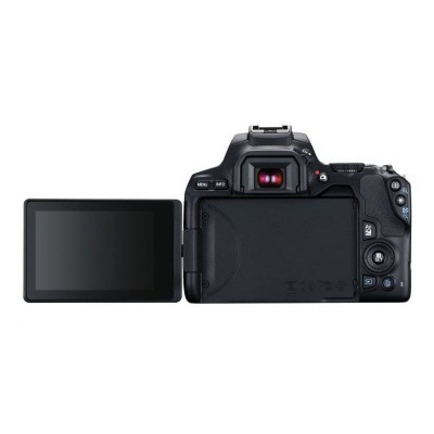 Câmera digital DSLR preta com ecrã LCD articulado aberto para o lado esquerdo