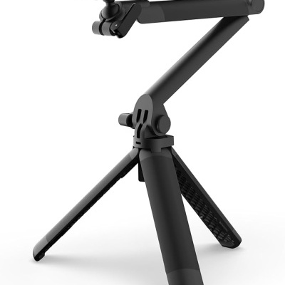 Tripé preto ajustável com suporte para dispositivo em fundo branco
