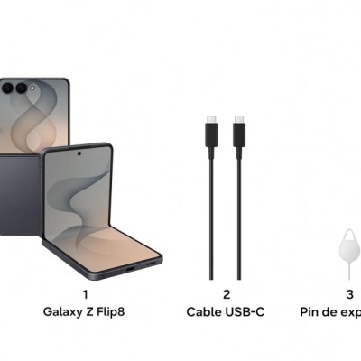 Smartphone dobrável Galaxy Z Flip8 cinza, cabo USB-C preto e pin de expulsão branco