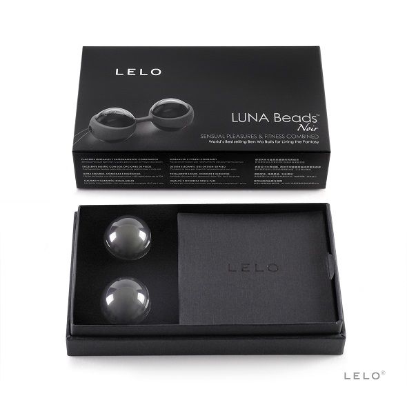 LELO LUNA Beads™ Noir – Bolas Chinesas Elegantes para Exercícios de Kegel Estojo preto com bolas LELO Luna Beads Noir e embalagem