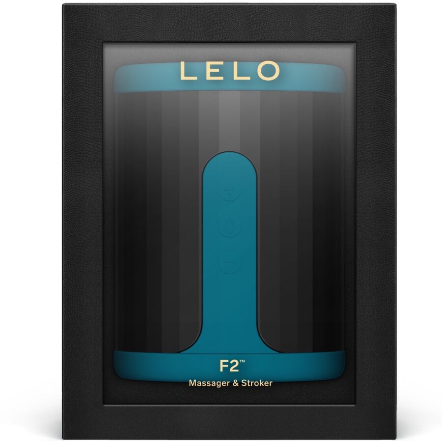 LELO F2S™ – Masturbador Masculino Premium com App | Teal Dispositivo azul e preto dentro de embalagem preta com texto LELO e F2 Massager & Stroker