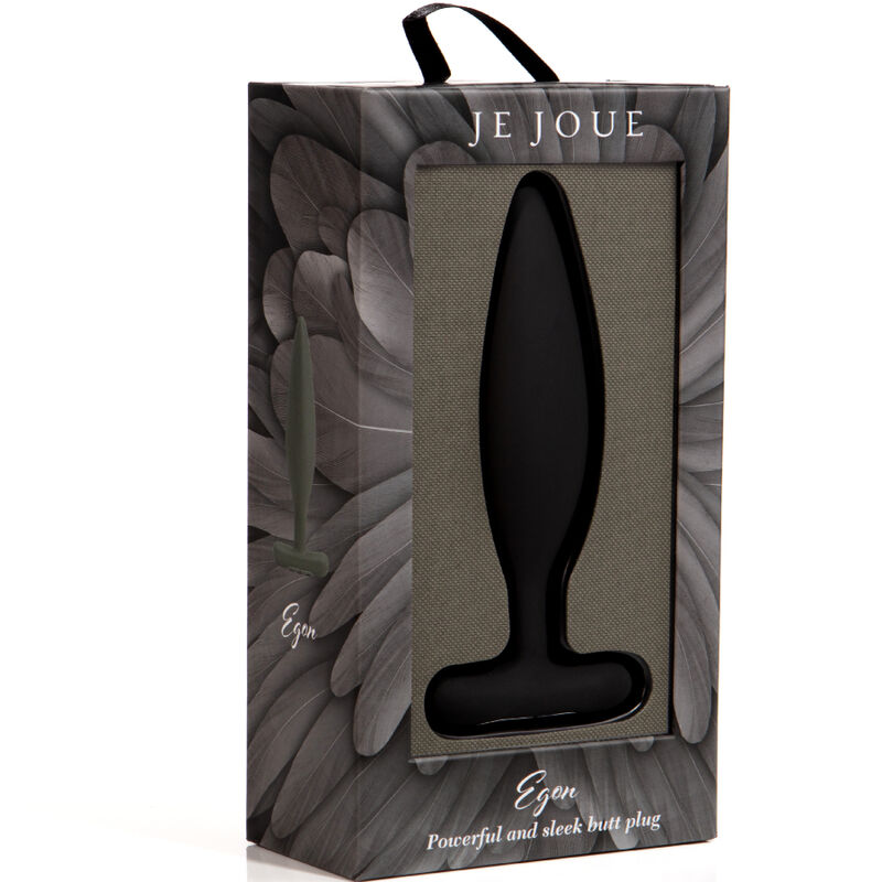 JE JOUE EGON – Vibrador Anal Premium com Design Escultural Caixa com tampão anal preto egon JE JOUE com padrão penas cinzentas