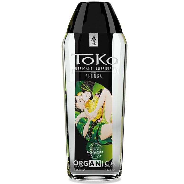 Shunga Toko Lubrificante Natural Orgânico Base de Água 165 ml Frasco de lubrificante Toko transparente com tampa preta e ilustração japonesa