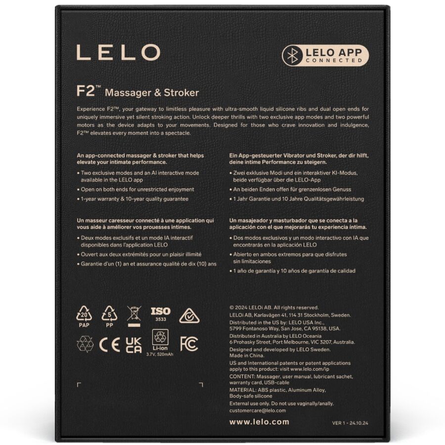 LELO F2S™ – Masturbador Masculino Premium com App | Teal Embalagem traseira do massajador LELO F2 com texto e símbolos de certificação