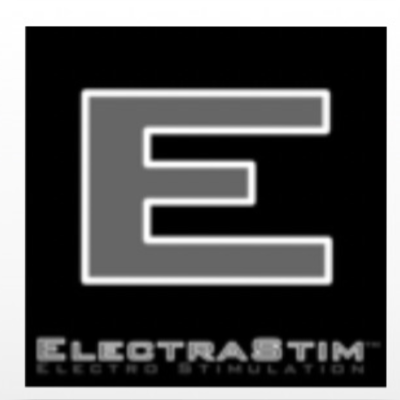 Logotipo com letra E cinzenta e texto ELECTRASTIM ELECTRO STIMULATION em fundo preto
