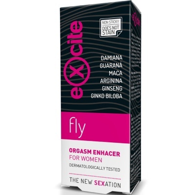 Embalagem preta, rosa e branca do produto eXcite fly para mulheres