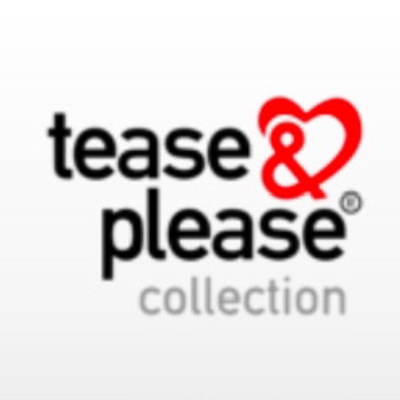 Logótipo com texto 'tease & please collection' e coração vermelho