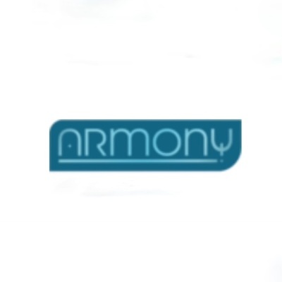 Logotipo azul com a palavra ARMONY em fundo branco