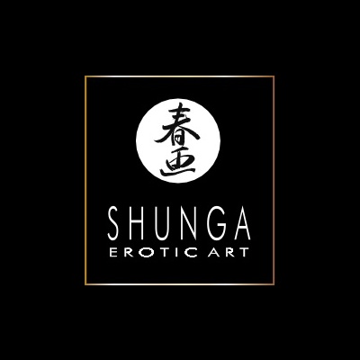 Logotipo de fundo preto com círculo branco e texto SHUNGA EROTIC ART