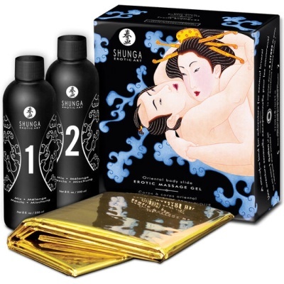 Conjunto de gel de massagem erótica Shunga com dois frascos, caixa artística e manta dourada