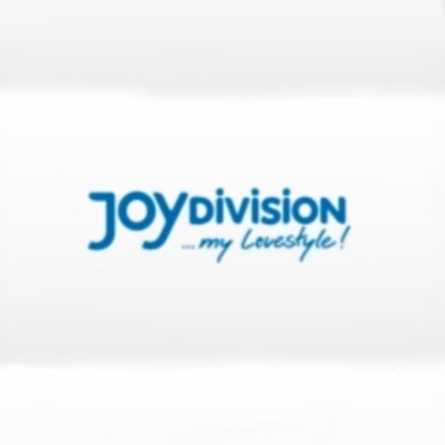 Logótipo JOYdivision em azul com texto adicional em fundo branco