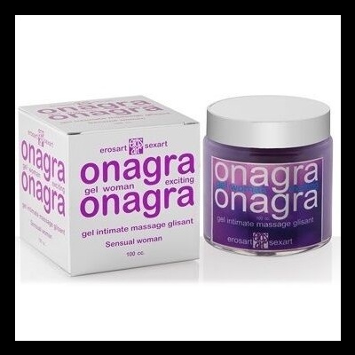 Gel íntimo Onagra roxo em frasco com tampa cinza e caixa branca com texto roxo.