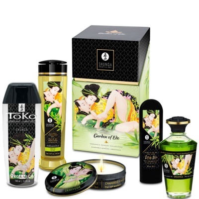Conjunto de produtos Shunga Garden of Edo com ilustração japonesa e embalagem verde e preta