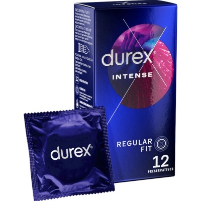 Preservativos Durex Intense embalagem azul-púrpura com 12 unidades e preservativo individual