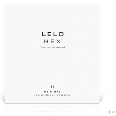Embalagem branca de preservativos LELO HEX com padrão de hexágonos e texto em preto.