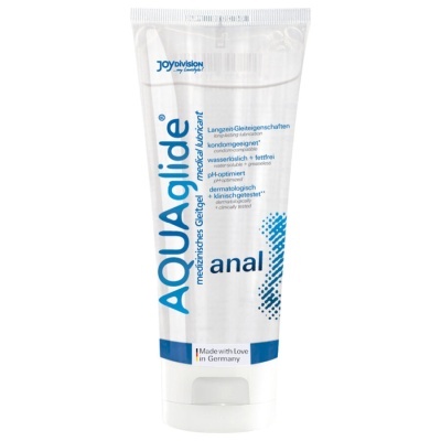 Tubo de gel lubrificante AQUAglide anal em embalagem transparente e branca com texto azul e preto.