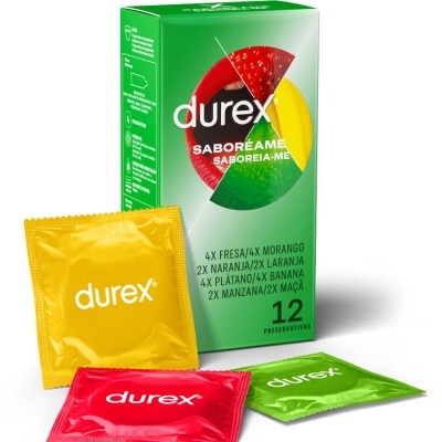 Caixa verde de preservativos Durex e três preservativos em embalagens de cores diferentes.