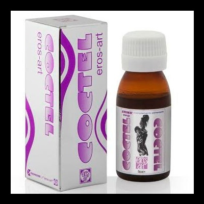 Frasco âmbar com rótulo e caixa branca com texto roxo COCTEL eros-art