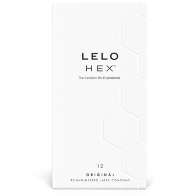 Embalagem branca de preservativos LELO HEX com texto e padrão hexagonal