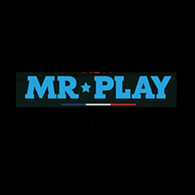 Logótipo com texto MR PLAY em azul sobre fundo preto