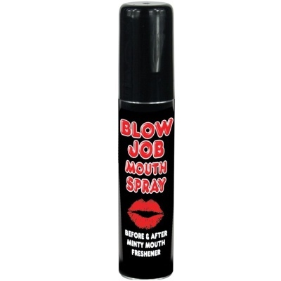 Frasco de spray preto Blow Job Mouth Spray com tampa preta e texto em vermelho e branco