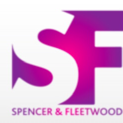 Logótipo SPENCER & FLEETWOOD com letras S e F roxas e rosa