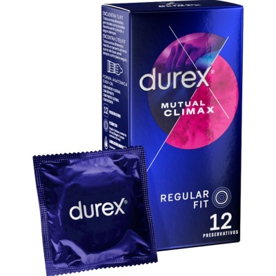 Caixa azul e roxa de preservativos Durex Mutual Climax Regular Fit e preservativo embalado individualmente