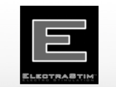 Logotipo com letra E cinzenta e texto ELECTRASTIM ELECTRO STIMULATION em fundo preto