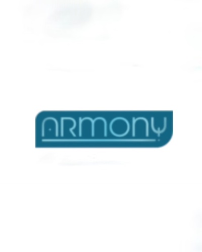 Logotipo azul com a palavra ARMONY em fundo branco