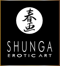 Logotipo de fundo preto com círculo branco e texto SHUNGA EROTIC ART